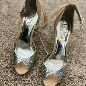 BCBG Strappy Silver and Tan Heels